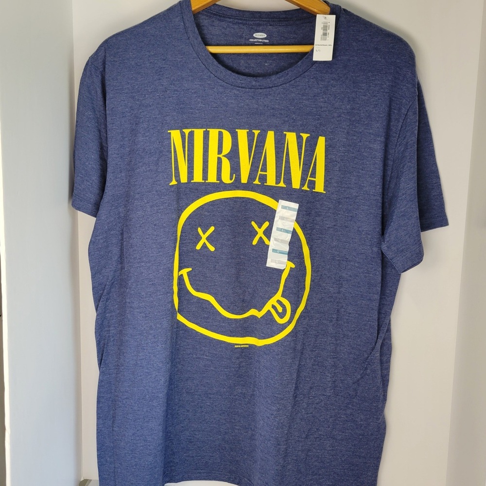 Old Navy Nirvana Smiley Face Graphic T-Shirt Mens Large Blue Heather NWT